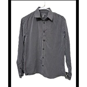 HM Mens Easy Iron Button Down Shirt Grey Black Striped Long Sleeve Medium